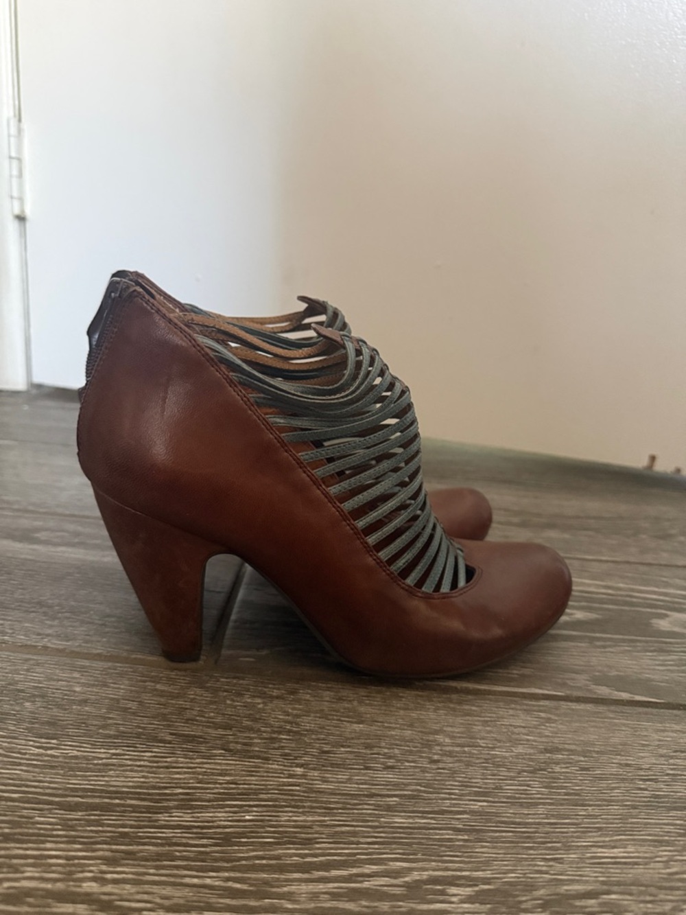 Miz Mooz Brown Leather Heels with Gray Strappy Upper